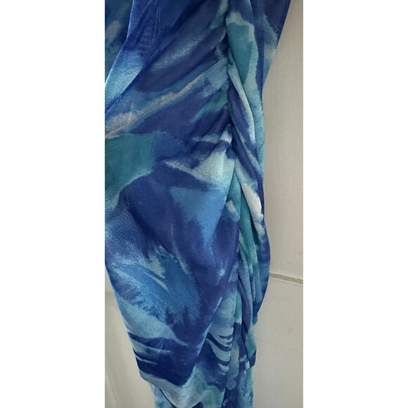 Women’s Blue Green Abstract Floral Cowl Neck Strappy Back Ruched Maxi Dress Sz S - Picture 6 of 8
